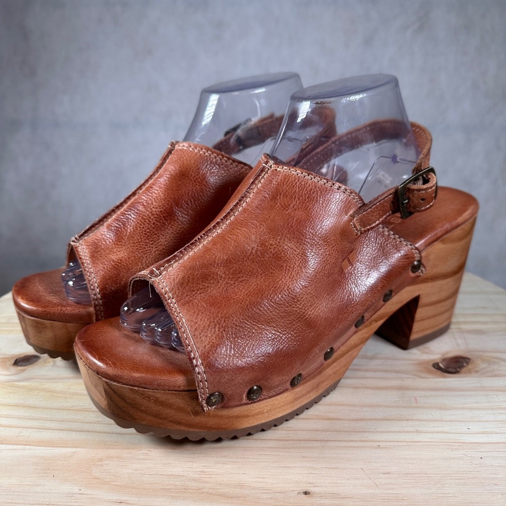 Bed Stu Leather Platform Sandals Womens 10 Tan Good Studded Wood Clog Heel